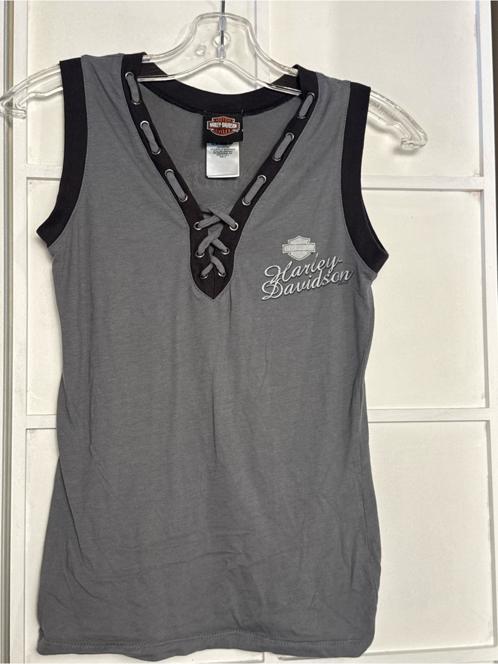 Harley-Davidson Gray Lace-Up V-Neck Tank with Black Trim